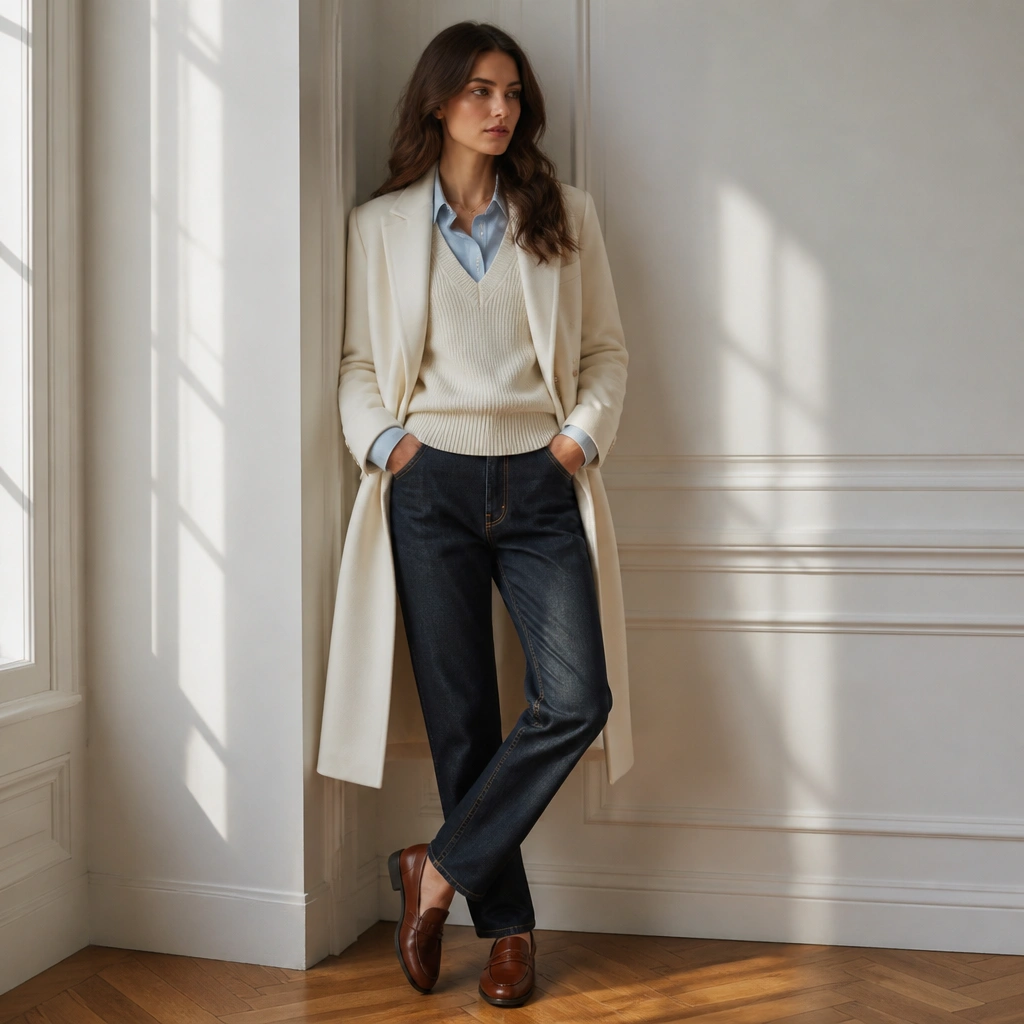 A long white coat over a light blue button-down and a cream knit vest, paired with straight-leg dark jeans and brown leather loafers.