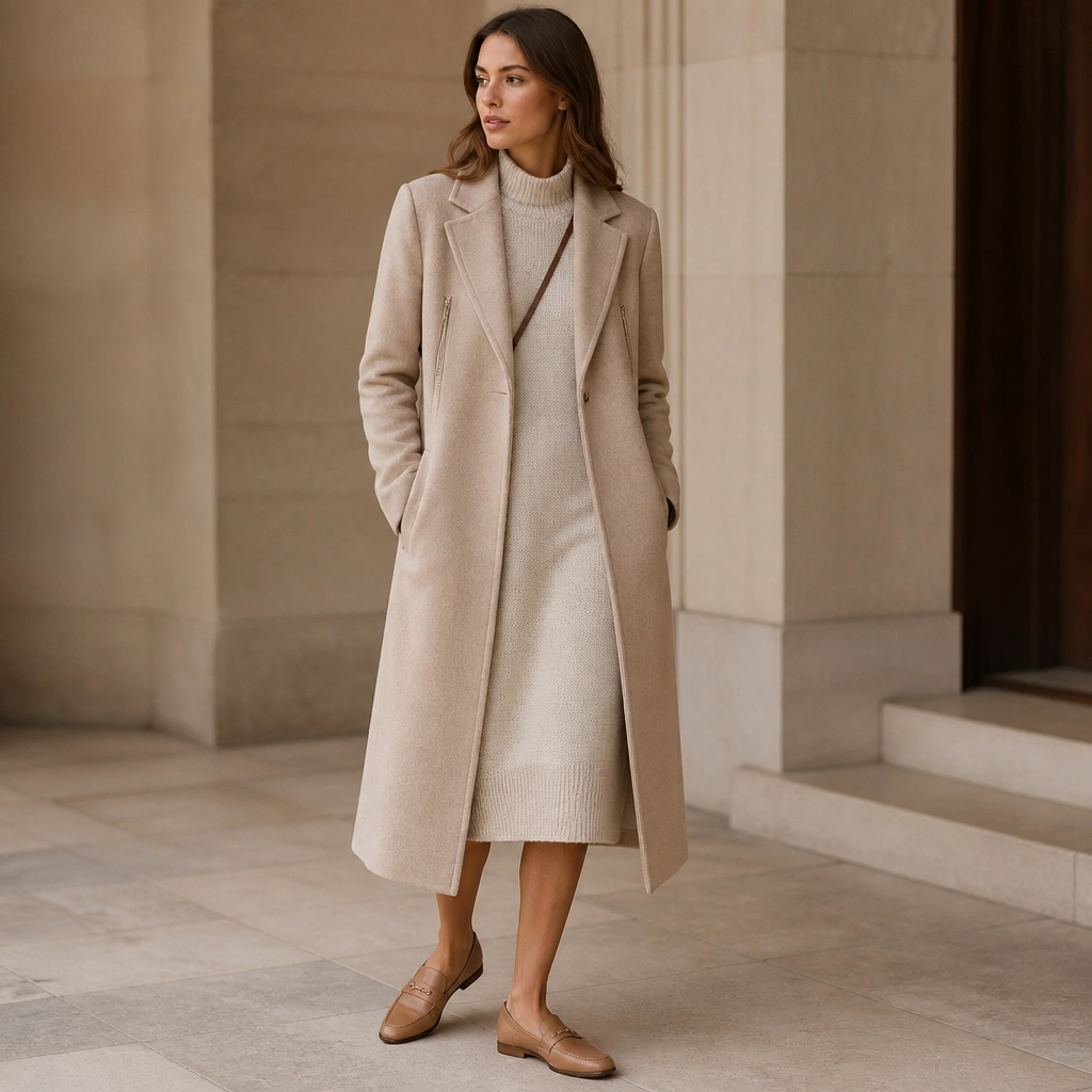 An oatmeal sweater dress under a long beige coat, the coat’s side pockets visible with a zipper detail; the model wears tan loafers and a thin crossbody strap worn under the coat edge.