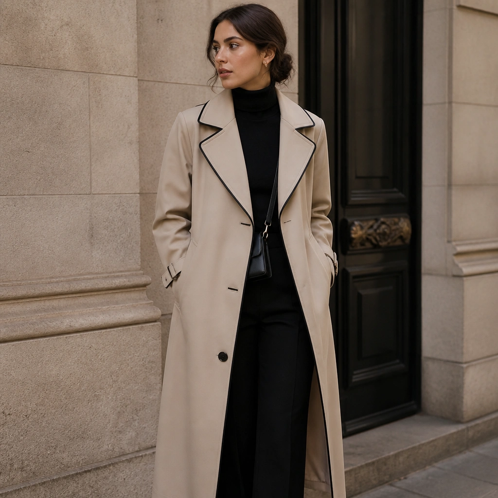 A beige long trench coat with subtle black trim over a black turtleneck and black straight-leg pants; a small crossbody bag sits under the coat front with the strap peeking out slightly.