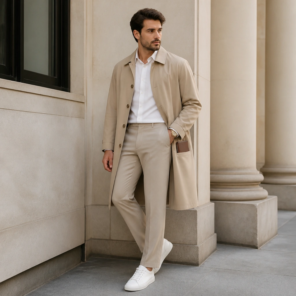 A crisp white button-down tucked into beige trousers, covered by a long beige trench; a slim card wallet is visible partly tucked into a coat pocket, with white sneakers and a light gold watch.