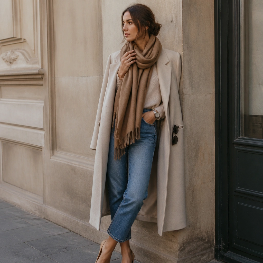 A long beige coat draped over cropped medium-wash jeans, with a camel scarf wrapped loosely at the neck; a watch and rings peek out, and sunglasses rest in an outer pocket.