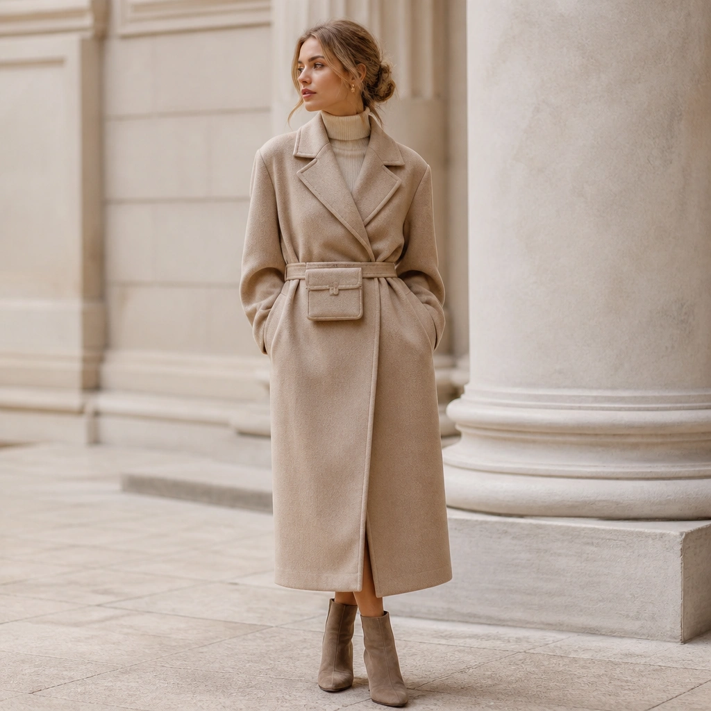 A sand turtleneck and beige wool long coat with a belt; a small waist pouch sits under the belt line, blending into the coat color; the outfit is paired with taupe ankle boots.