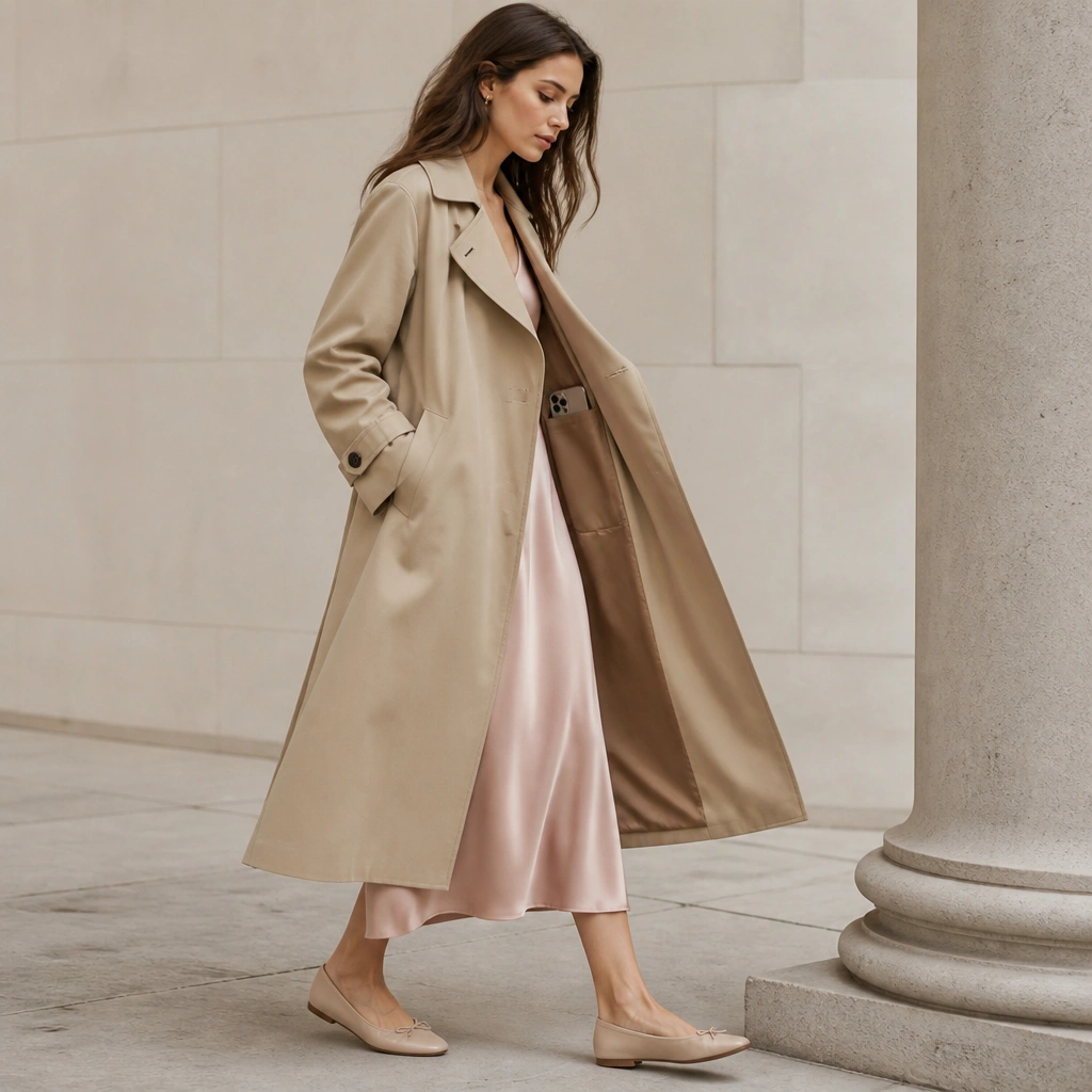 A beige long trench coat worn open over a blush satin slip skirt; a phone in a slim case is visible through an inner pocket opening; nude ballet flats complete the look.