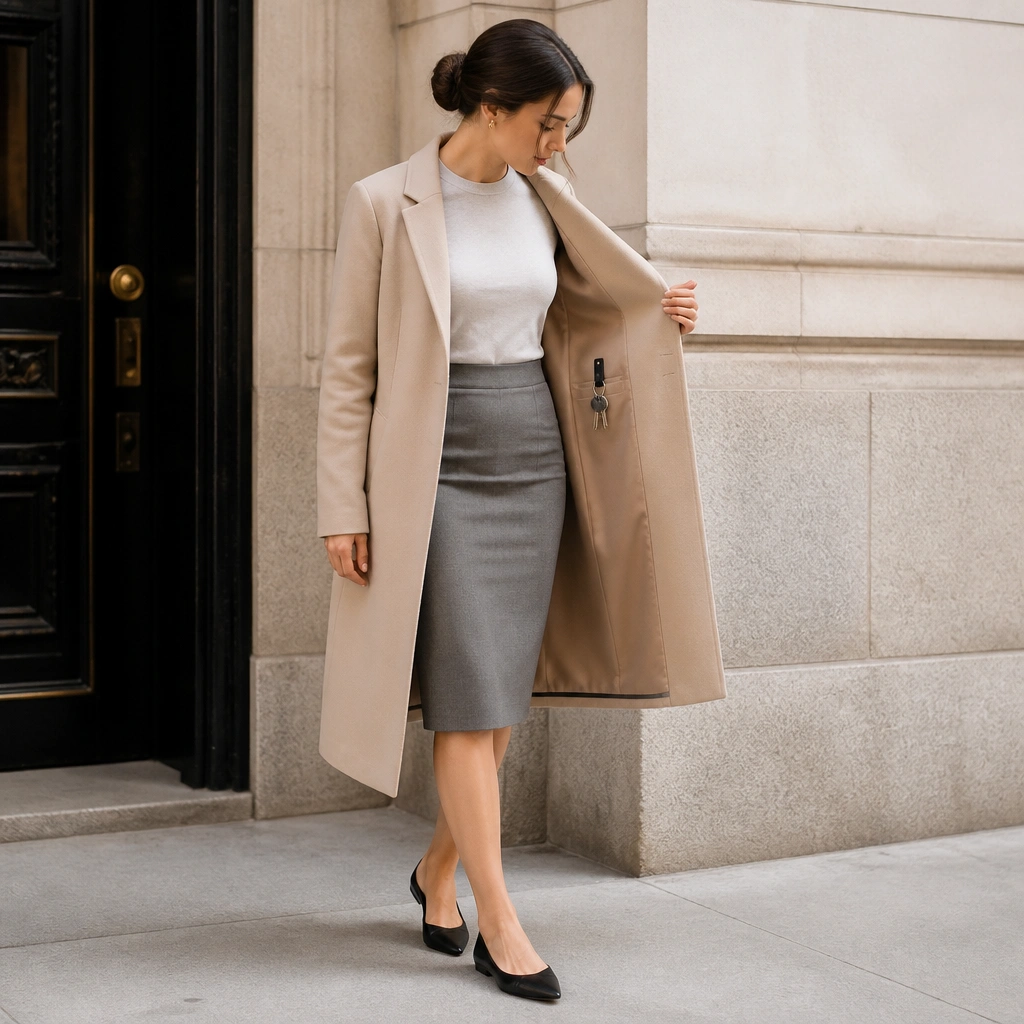 A fitted grey pencil skirt and light grey top under a long beige coat; keys are clipped to a small key loop inside a coat pocket; the outfit is paired with black pointed-toe flats.
