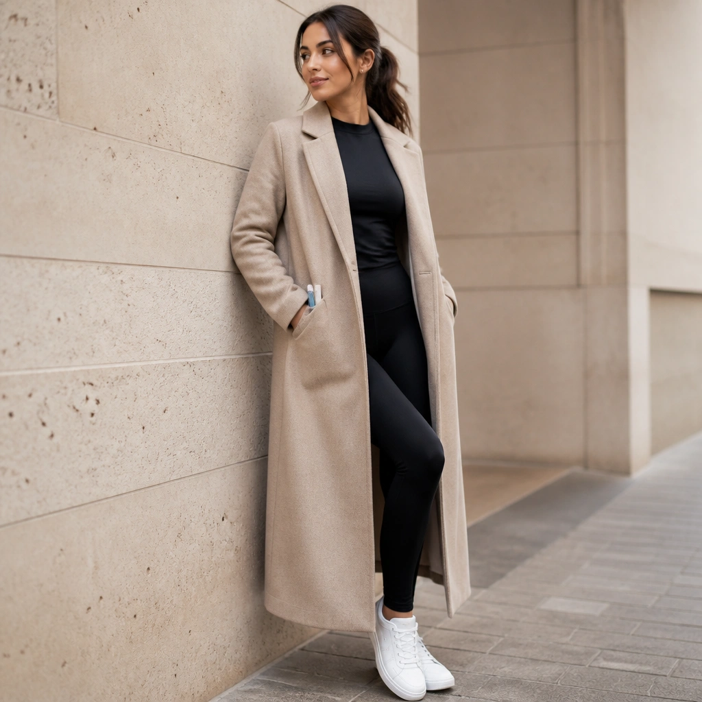 Black leggings and a fitted top under a long beige coat; the model’s outer pocket is shown with a lip balm tube and a slim inhaler-like item peeking out; paired with white trainers.