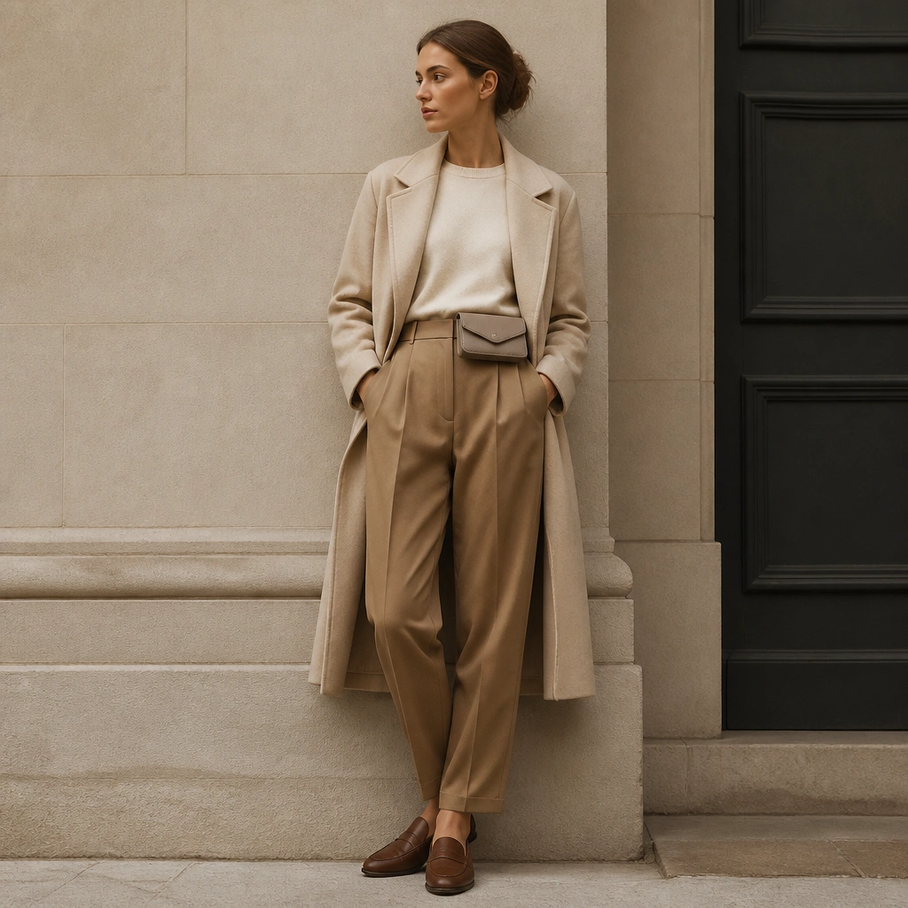 Pleated tan trousers with a tucked cream top, covered by a long beige coat; a minimal belt bag sits at the front waist under the coat edge; the model wears brown leather loafers.