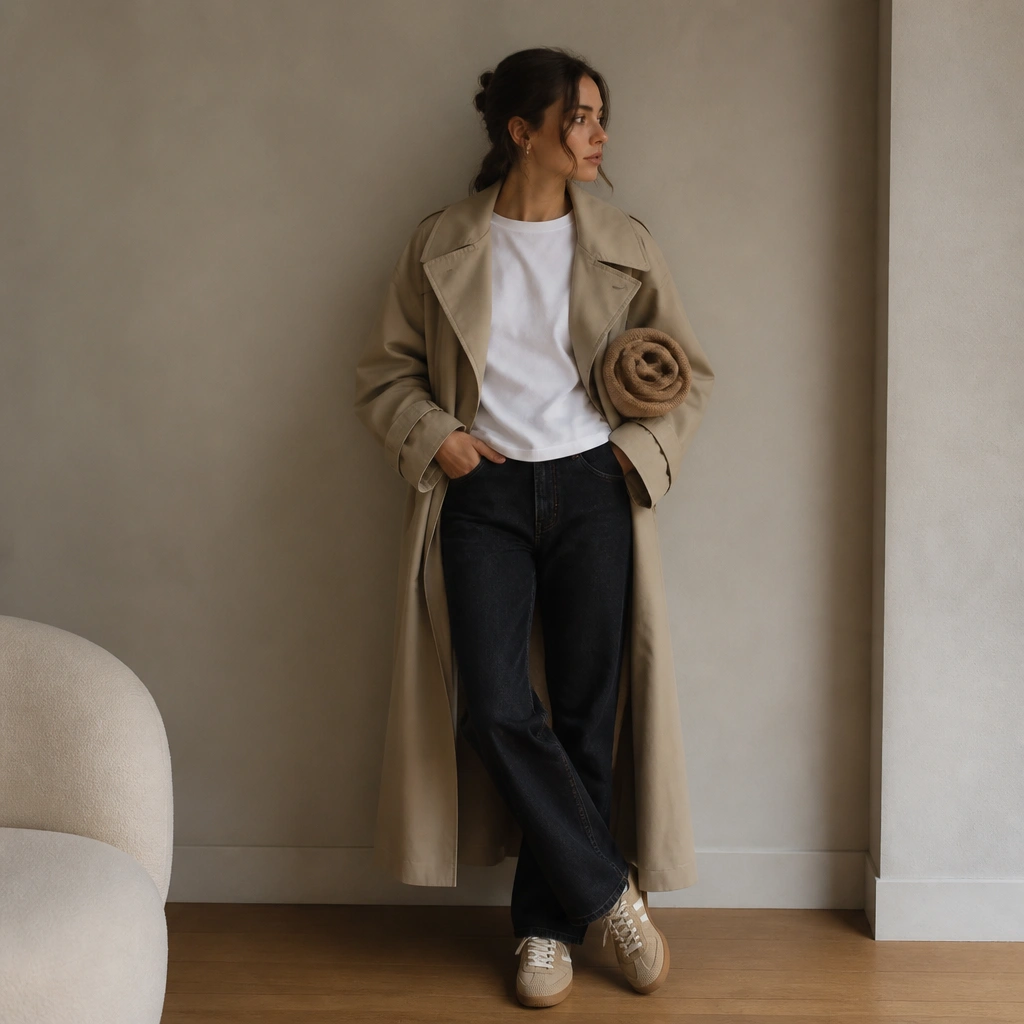 A white oversized tee under a long beige trench; a rolled camel scarf is tucked into a sleeve or inner pocket area; the look includes dark straight jeans and tan sneakers.