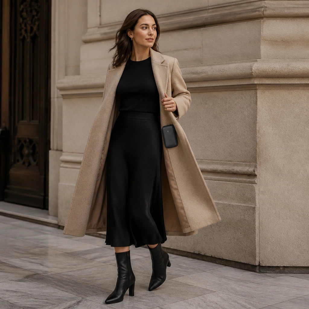 A black midi skirt with a simple fitted top under a long beige coat; a compact organizer pouch sits inside the coat pocket area; the model wears black heeled ankle boots and small hoop earrings.