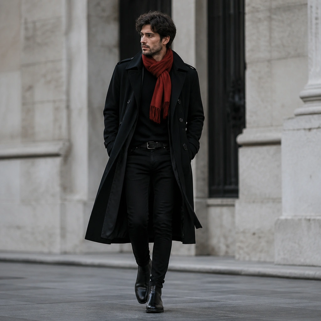 A black long trench coat open over a dark top, a bright red scarf wrapped at the neck, black skinny jeans, and sleek black leather boots; the look is crisp and high-contrast.