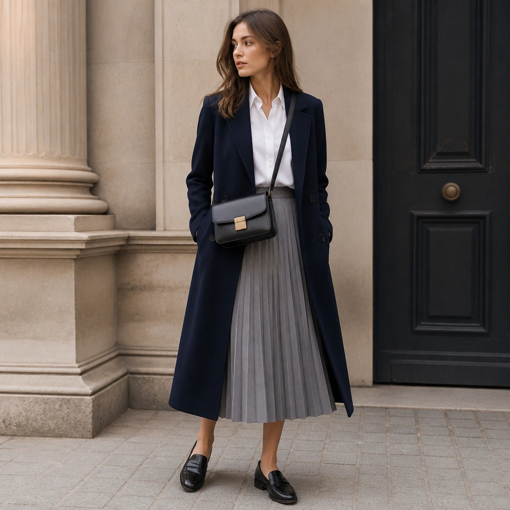 A deep navy long wool coat over a crisp white button-down, styled with a mid-calf pleated skirt in soft gray, plus loafers and a structured crossbody bag.