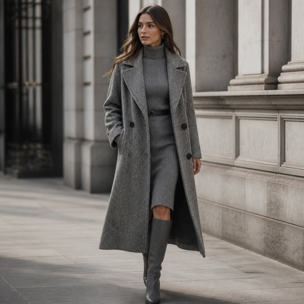 A grey herringbone long trench coat worn over a matching grey sweater dress, with a thin belt and knee-high boots; subtle texture differences are visible.