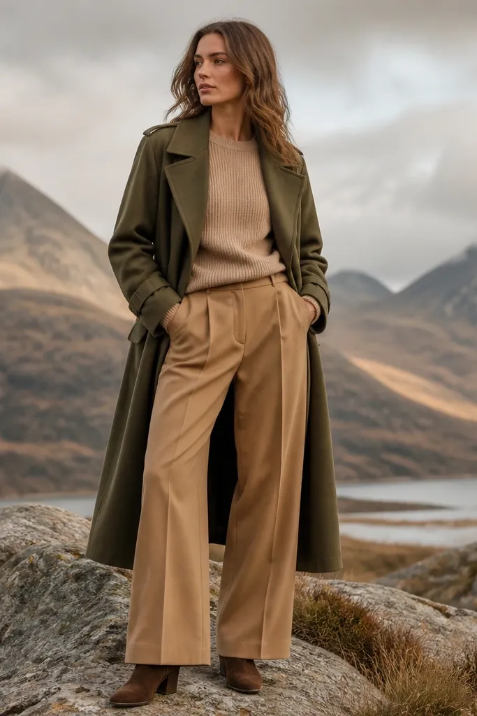 An olive green long trench coat over a light camel knit top, paired with wide-leg camel trousers and brown suede ankle boots; the outfit feels outdoorsy but polished.