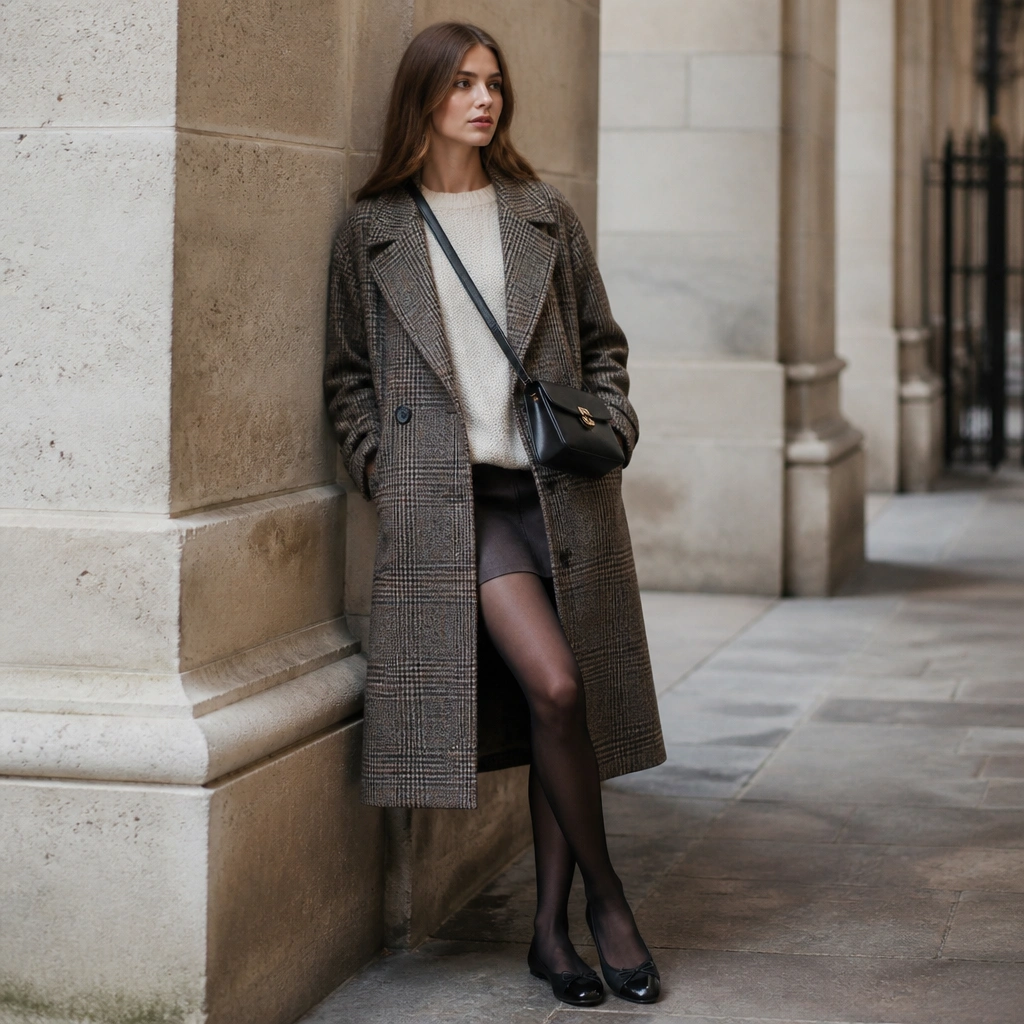 A plaid long wool coat layered over a plain cream sweater and sheer dark tights, with a streamlined crossbody bag and black flats.