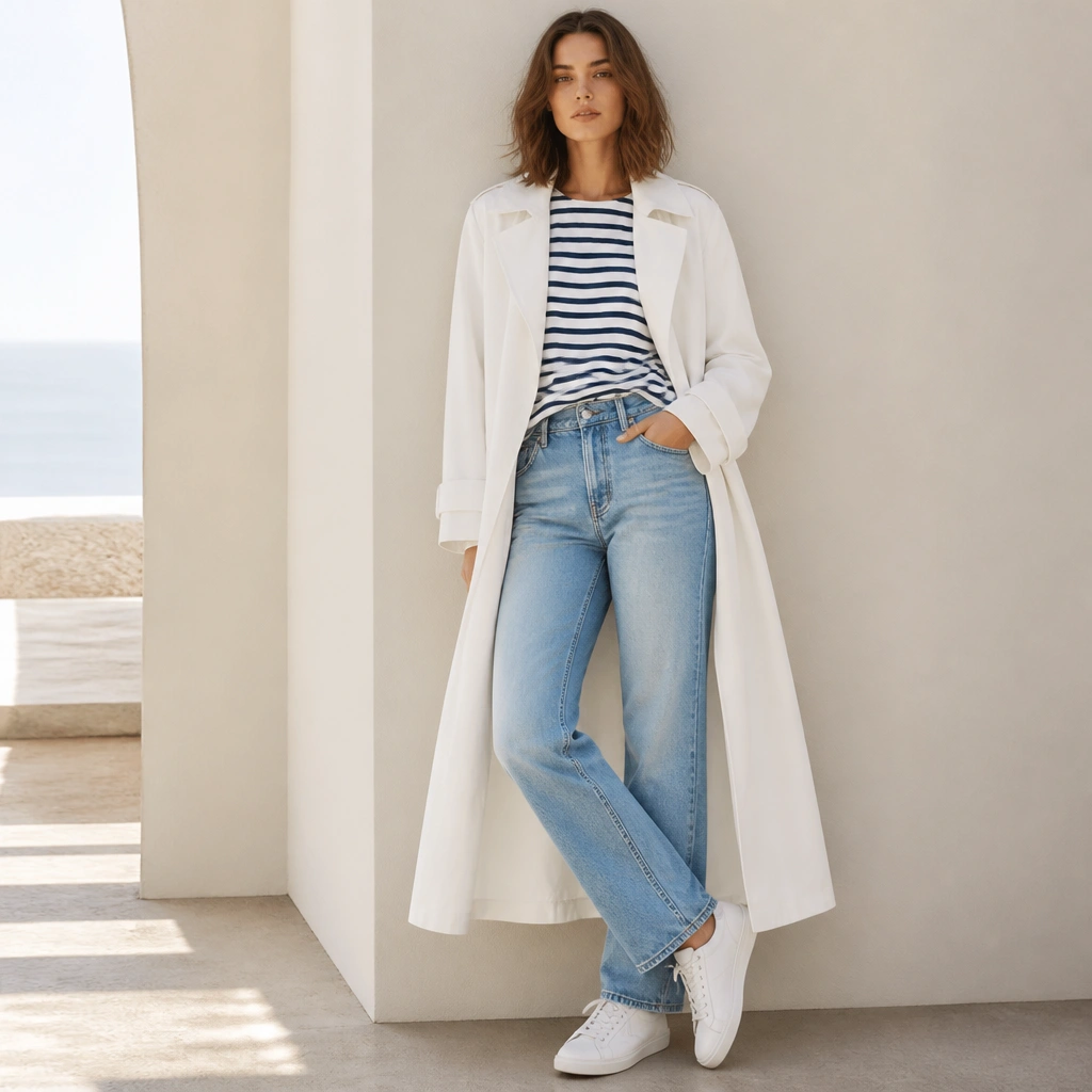A white long trench coat over a navy-and-white striped tee, paired with light wash straight-leg jeans and white sneakers; the outfit looks fresh and airy.