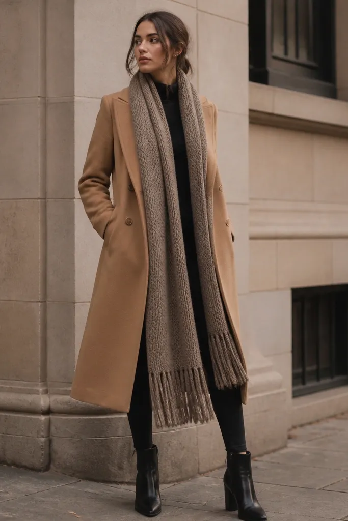 A camel long coat worn over black leggings, a longline scarf draped like a second layer, and black ankle boots; the scarf texture is clearly visible.