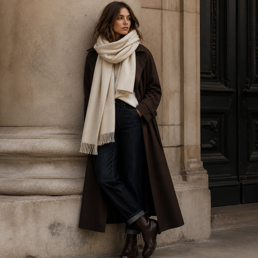 A chocolate brown long trench coat with an oversized cream scarf, dark wash jeans, and leather lace-up boots; the scarf folds are prominent.