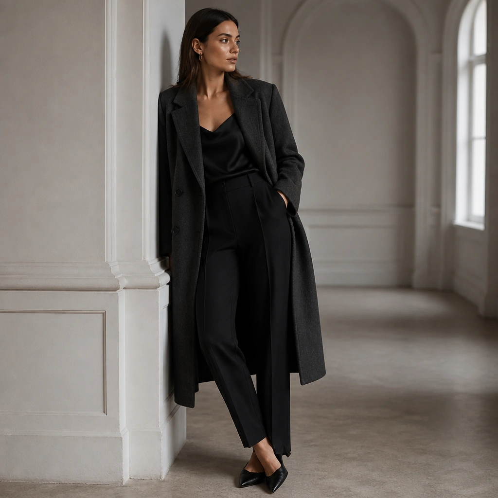 A charcoal long wool coat over a black satin camisole, paired with tailored black trousers and pointed-toe flats; subtle sheen is visible at the neckline.