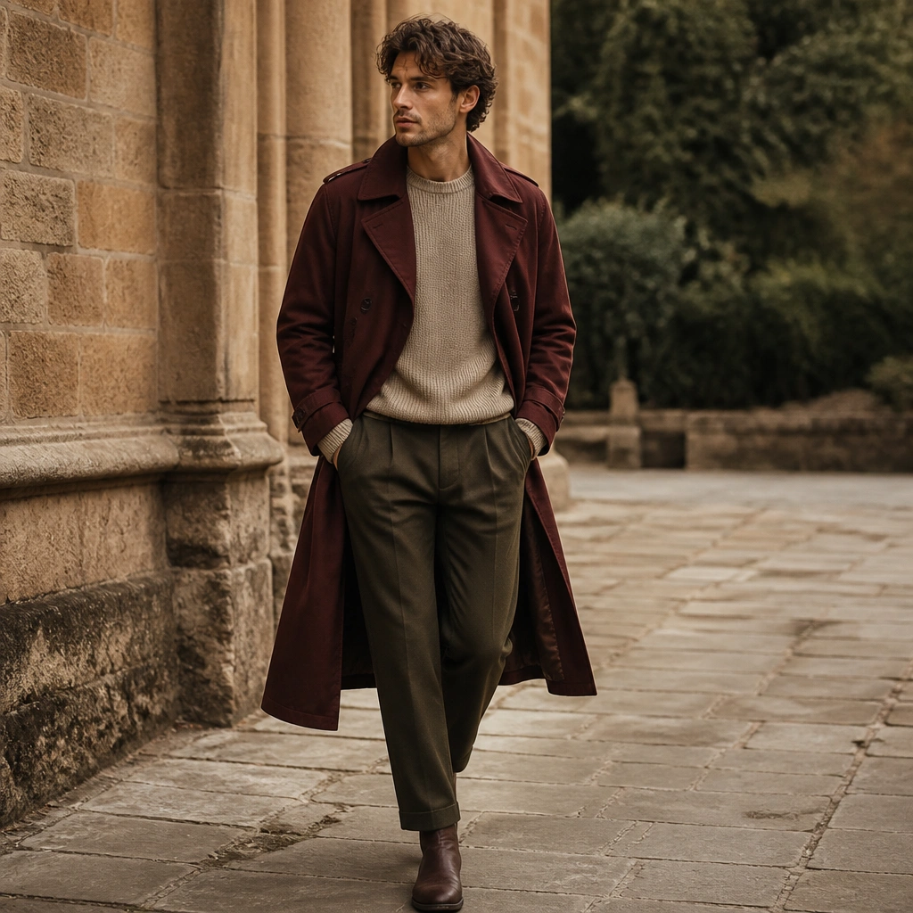 A burgundy long trench coat over an oat knit sweater, styled with dark olive trousers and brown boots; the color story is deep and warm.