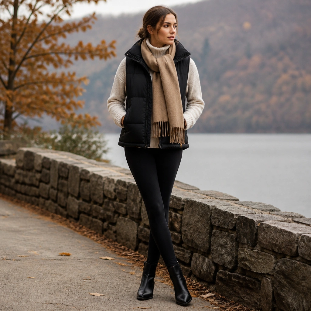 A black sleeveless puffer vest over an oatmeal knit turtleneck, styled with black leggings and sleek ankle boots; a tan scarf wraps the neck.