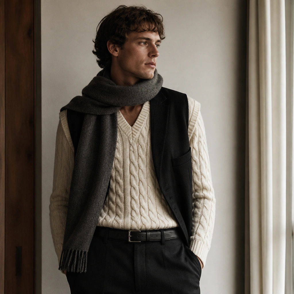A black vest worn over a chunky cream cable-knit sweater vest, with dark trousers and a black leather belt; the outfit is styled with a wool scarf.