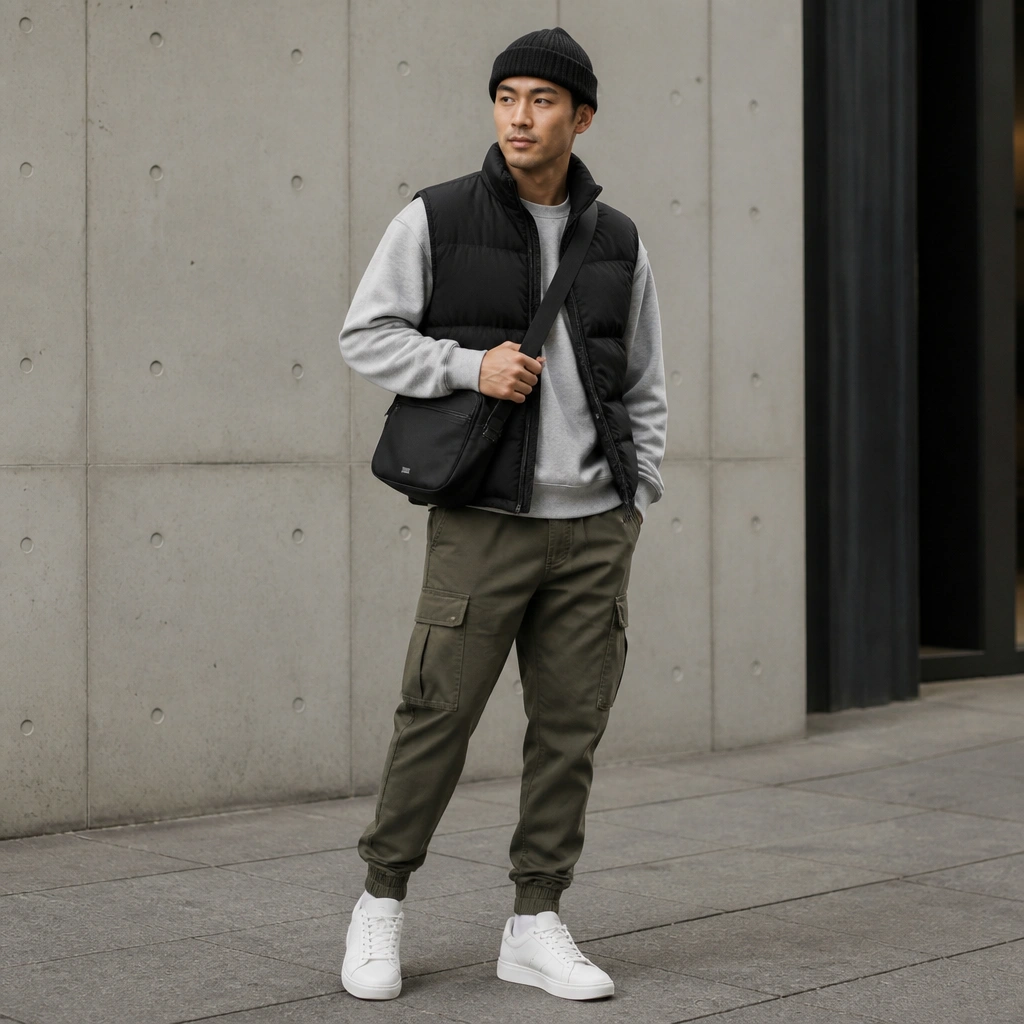 A black insulated vest over a heather gray crewneck sweatshirt, paired with olive cargo joggers and white sneakers; a beanie and crossbody bag complete the look.