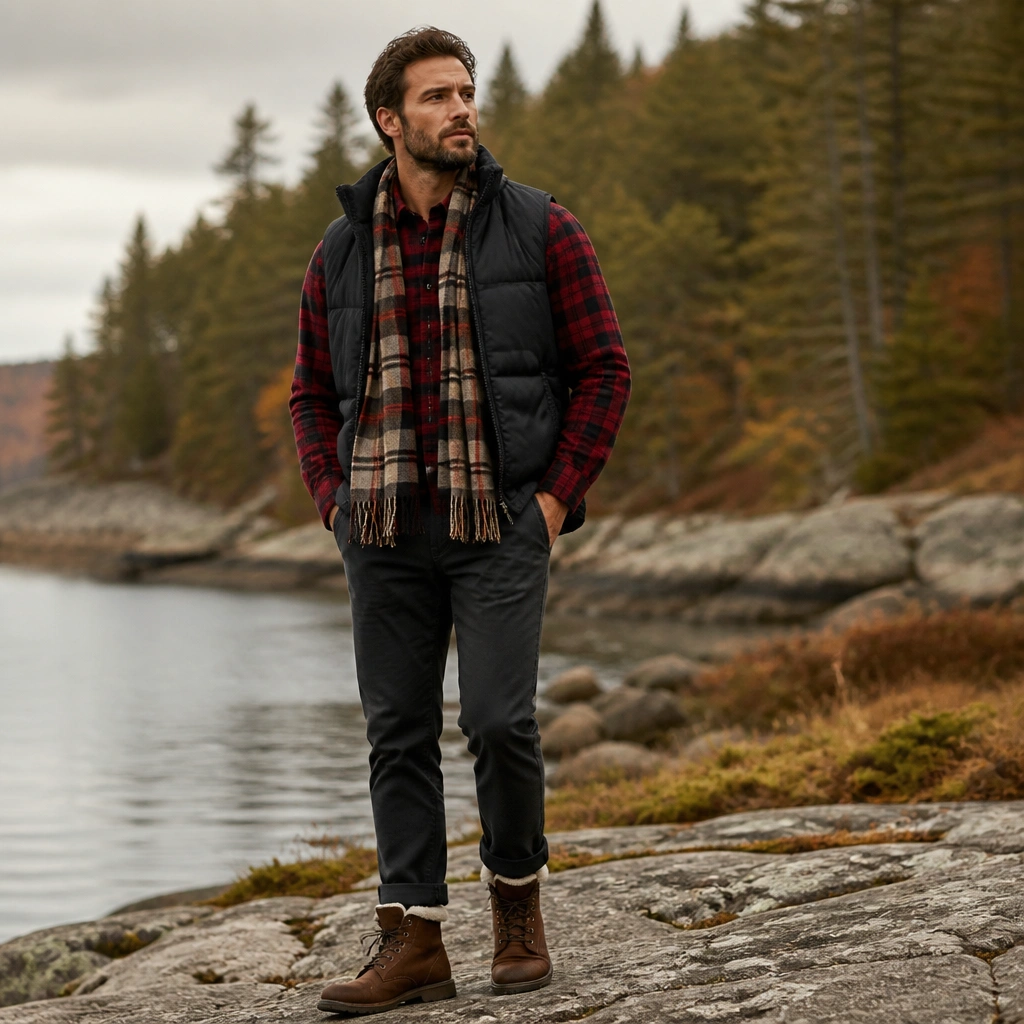 A black vest layered over a red-and-black flannel button-up, worn with dark charcoal chinos and brown shearling-lined boots; a plaid scarf ties the colors together.