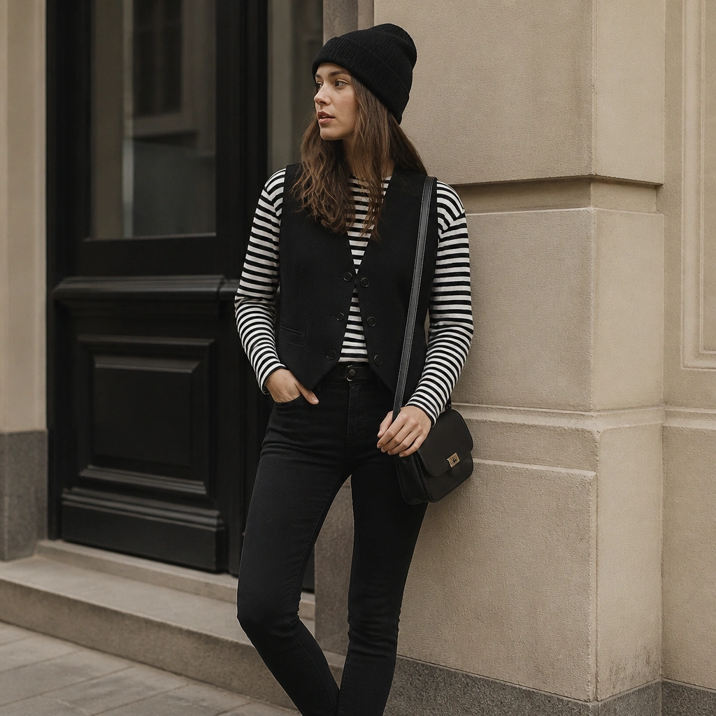 A black vest over a black-and-white striped long-sleeve shirt, paired with black skinny jeans and a knit black beanie; the look includes a small crossbody bag.