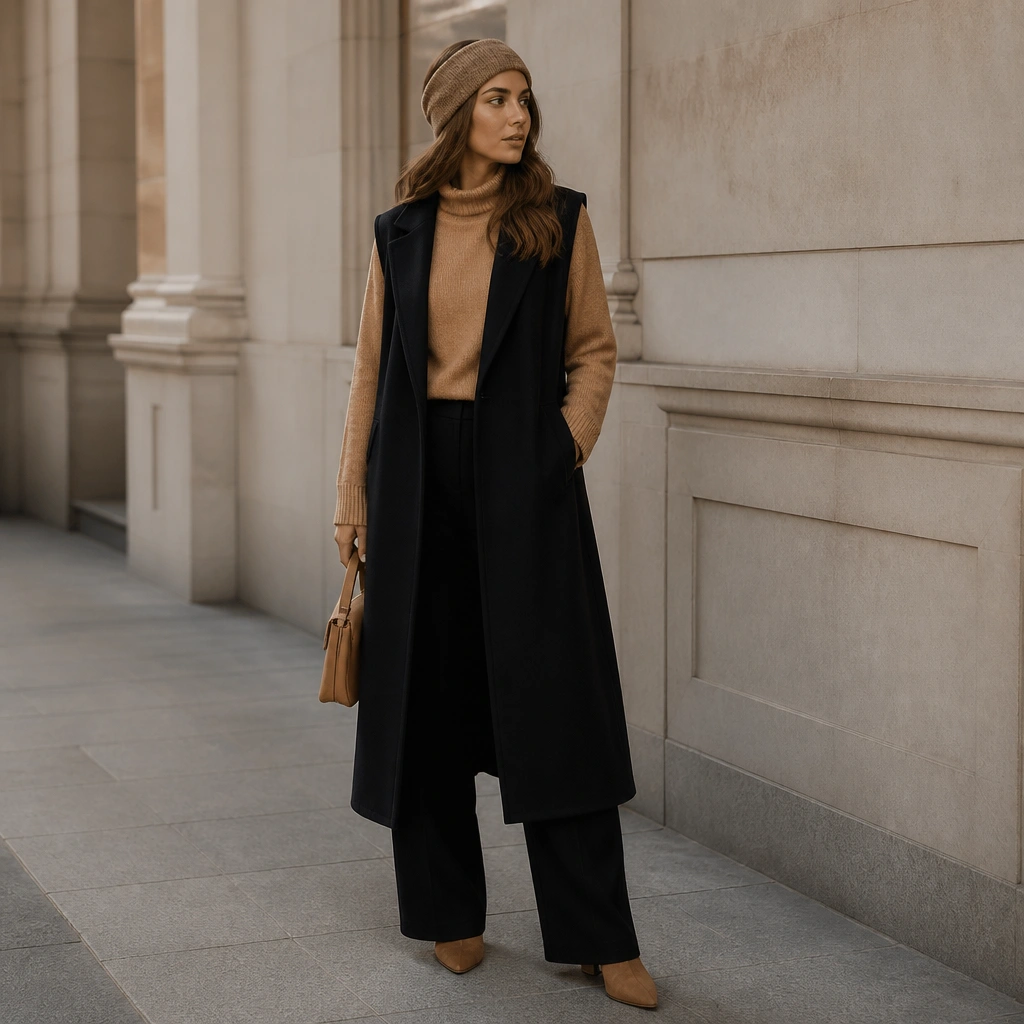 A long black vest worn like a sleeveless coat over a camel knit sweater, styled with wide-leg black trousers and camel boots; a wool headband finishes the outfit.