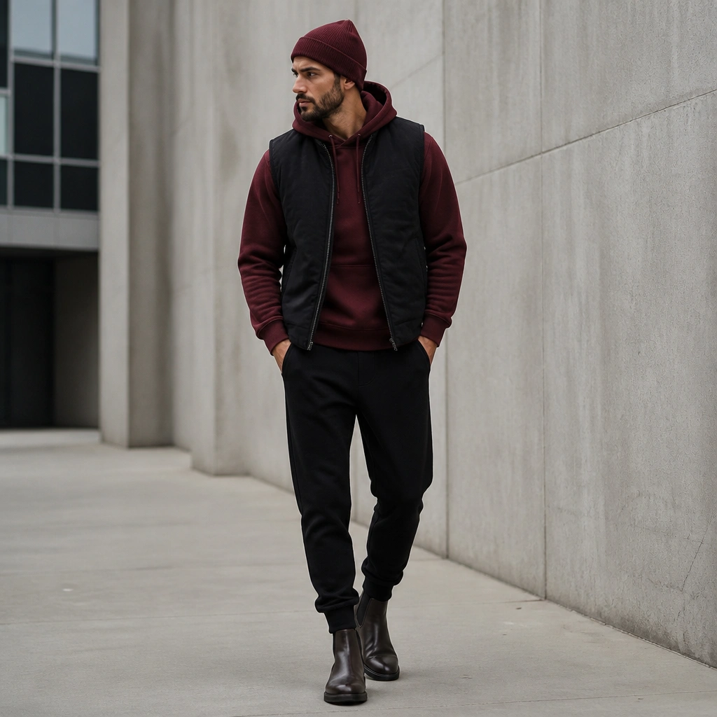 A black vest layered on top of a burgundy hoodie, with black joggers and dark Chelsea boots; a burgundy beanie matches the hoodie.