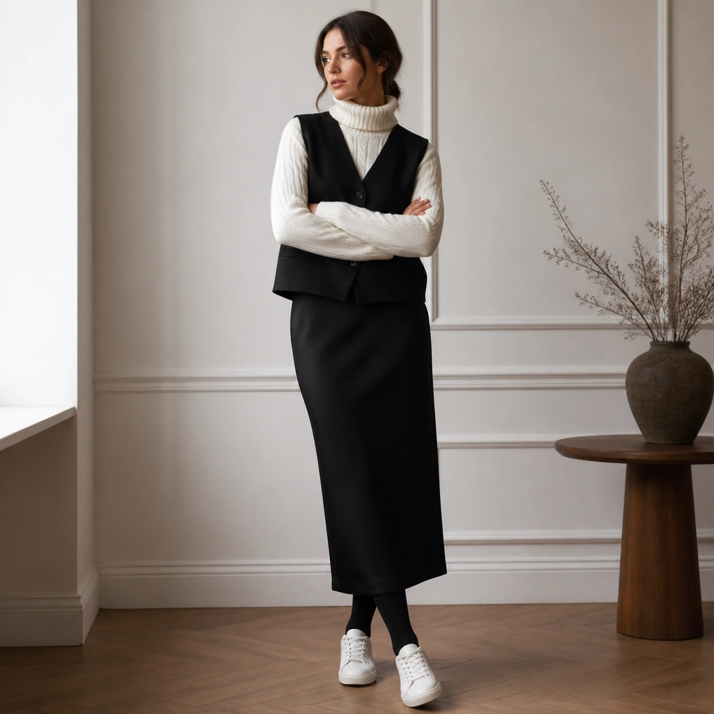 A black vest over a white cable turtleneck, worn with a black midi skirt that falls straight to the ankle; the look includes black tights and white sneakers.