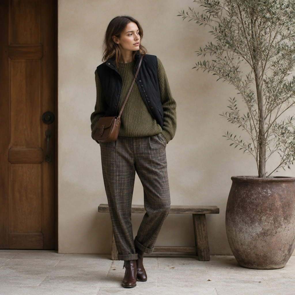 A black vest layered over an olive knit sweater, paired with muted plaid trousers in brown and gray; brown leather boots and a small crossbody bag complete the look.