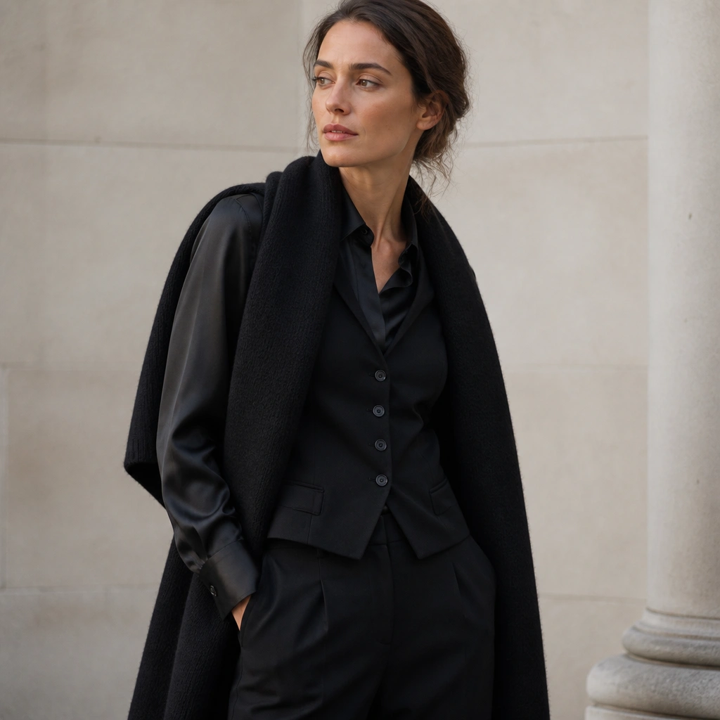 A black vest over a black satin-look blouse with a slight sheen, paired with tailored black trousers; a thick wool scarf drapes over the shoulders.