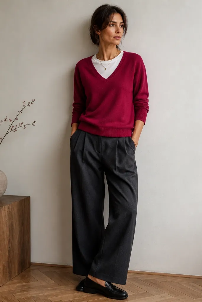 A dark pink V-neck sweater over a thin white tee, styled with charcoal wide-leg trousers and black loafers. Minimal jewelry, clean outfit lines.