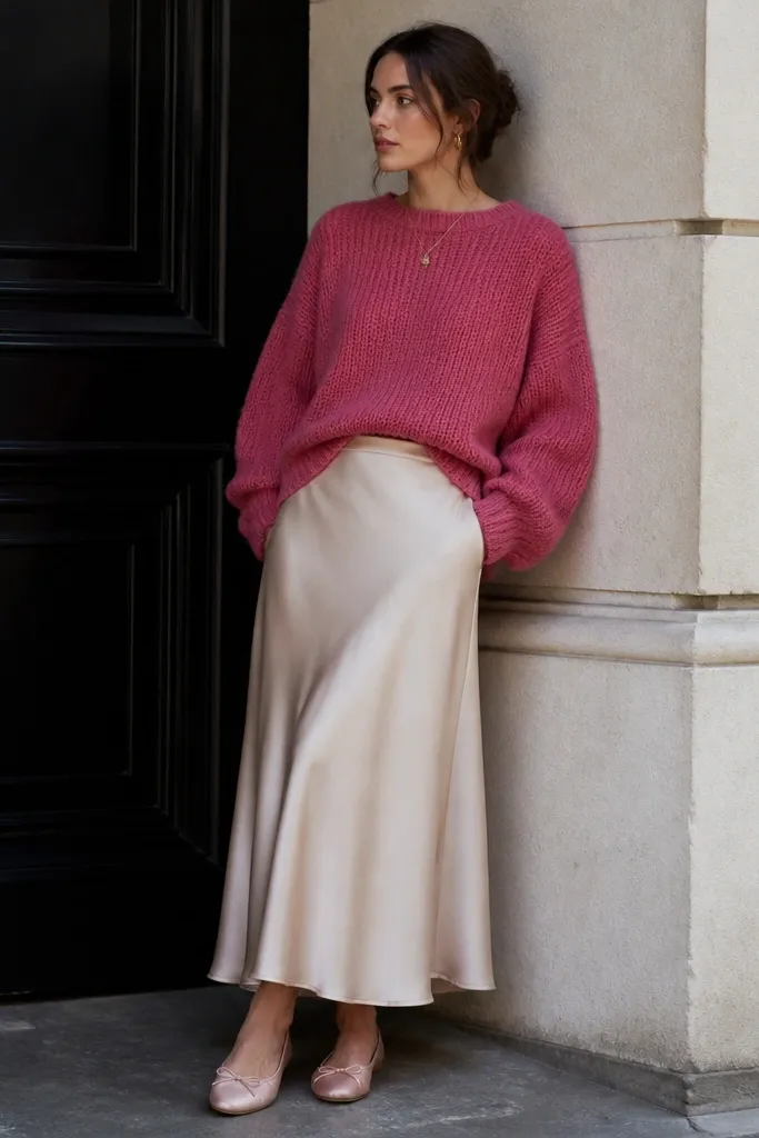 A chunky dark pink sweater worn with a cream satin midi skirt and pale pink ballet flats. The sweater is half-tucked, and the skirt drapes softly.