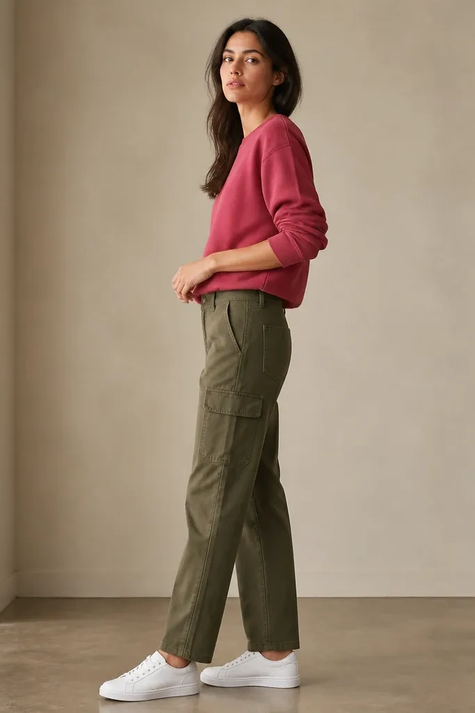 A model wearing a dark pink crewneck sweater with olive green utility pants, rolling the sleeves slightly and adding white sneakers. Side profile shows pockets and belt loops.