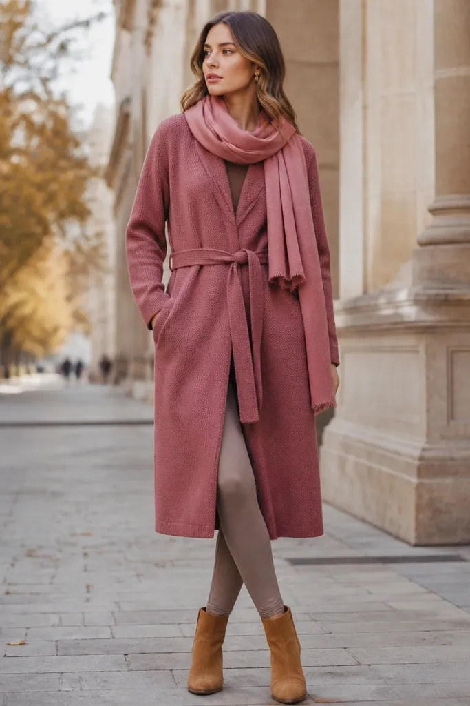 A longline dark pink sweater-coat worn over soft taupe leggings with tan ankle boots. A matching belt cinches at the waist; scarf draped loosely.