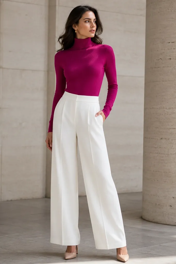 A dark pink turtleneck sweater with crisp white wide-leg trousers and nude pumps. The turtleneck sits close and the outfit looks clean and high-contrast.