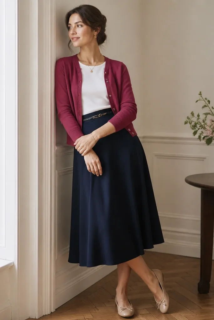 A dark pink cardigan layered over a simple white top, worn with a navy midi skirt and a thin gold belt. Ballet flats and delicate jewelry complete the look.