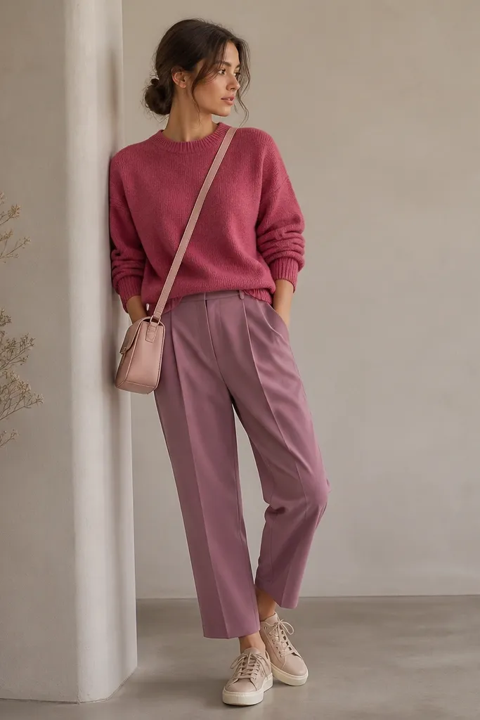 A monochrome-inspired outfit with a dark pink sweater paired with mauve trousers and nude low-top sneakers. Light pink crossbody and soft neutral background.