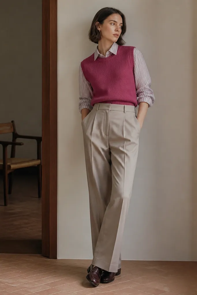 A dark pink sweater vest over a striped poplin button-down, worn with high-rise trousers and loafers. The shirt collar peeks out neatly.
