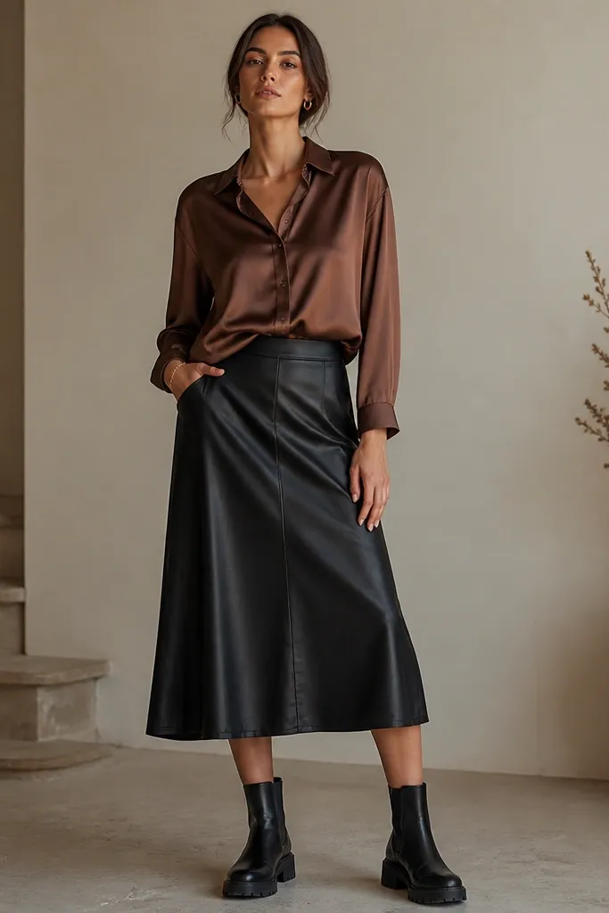 Brown satin shirt worn half-tucked into a black leather midi skirt with a slight A-line shape; chunky black ankle boots and minimal gold hoops complete the look.