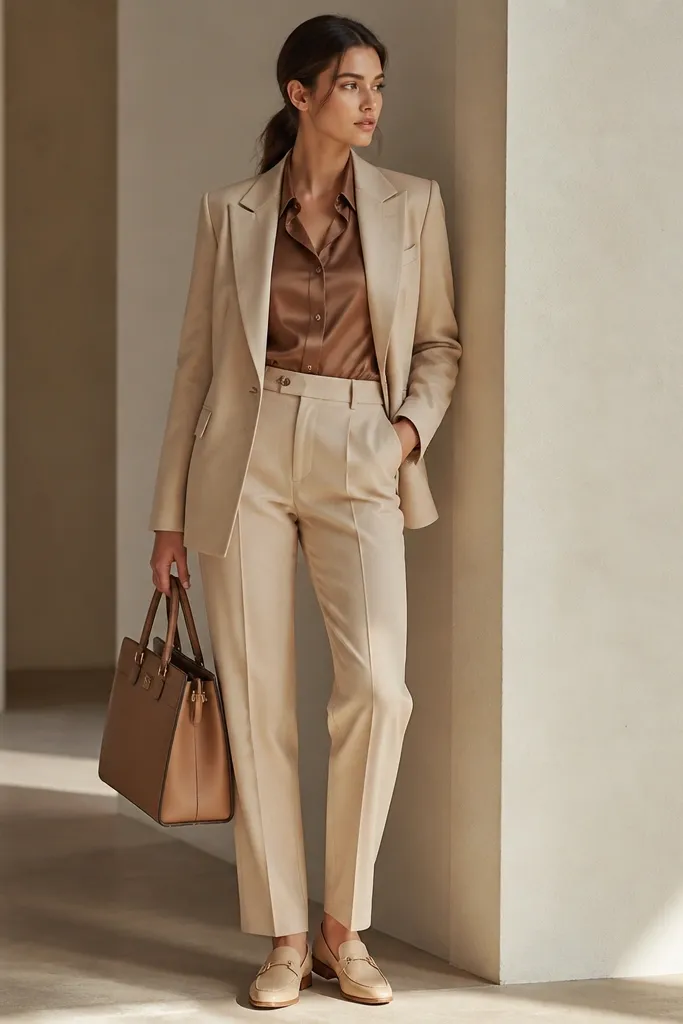 Brown satin shirt layered under a beige tailored blazer, worn with matching beige trousers; model holds a structured tan bag and wears nude loafers.