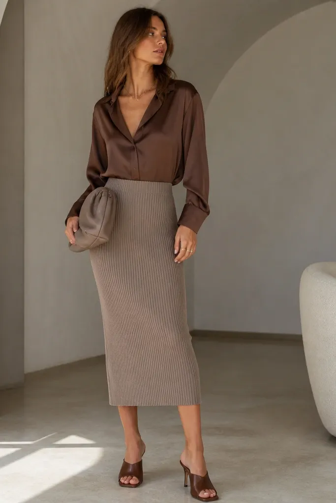 Brown satin shirt tucked into a taupe ribbed knit midi skirt; the model wears heeled mules and a soft taupe clutch.