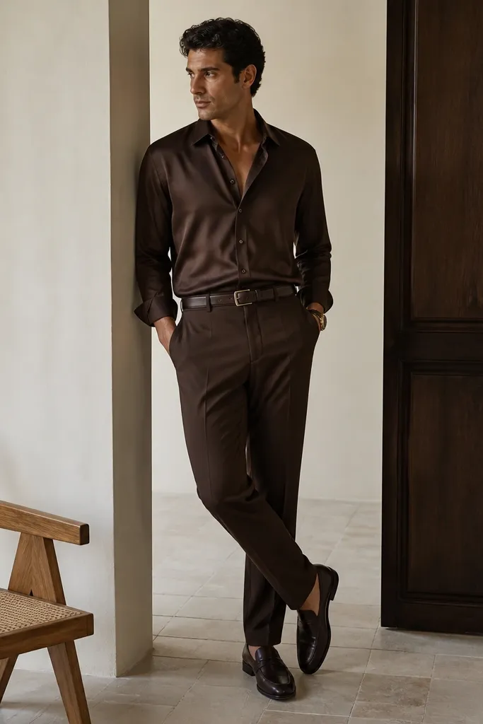 Model in a chocolate-brown satin shirt tucked into matching chocolate trousers; accessories include a slim belt, dark brown loafers, and a minimal gold watch.
