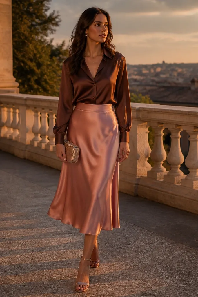Brown satin shirt worn with a rose satin midi skirt; the model wears metallic rose heels and a small champagne clutch, with warm sunset lighting.