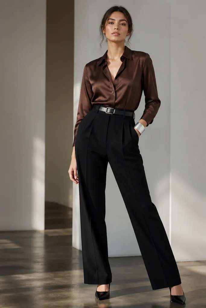 Brown satin shirt tucked into black high-waist trousers with a silver belt; model wears pointed black heels and a sleek silver cuff.