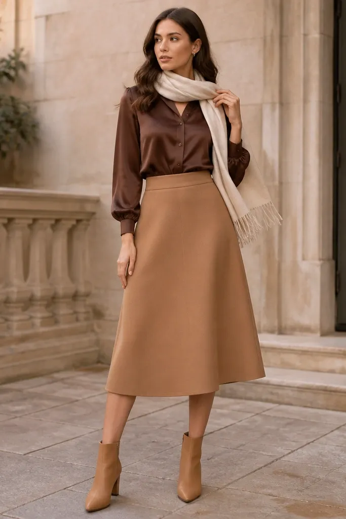 Brown satin shirt tucked into a camel A-line skirt; model wears tan ankle boots and a cream scarf, with an outdoor neutral background.