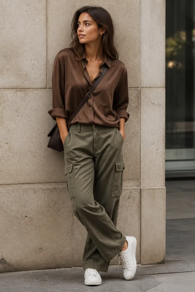 Brown satin shirt worn slightly loose with sleeves rolled, paired with olive cargo pants; model wears white low-top sneakers and a crossbody bag.