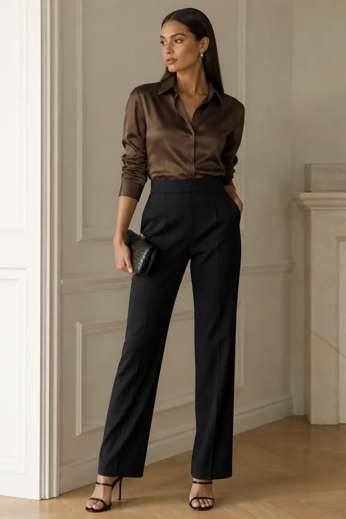 Brown satin shirt fully tucked into black straight-leg trousers; strappy black heels and a small clutch; the model’s hair is sleek and makeup is warm-toned.