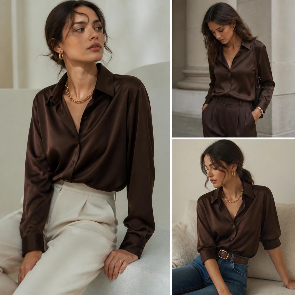Luxe Brown Satin Shirt Outfit Ideas